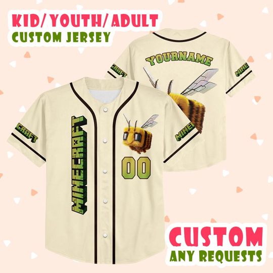 Personalized Minecraft Movie Minecraft Bee Baseball Jersey, Custom Minecraft Bee Jersey, Movie Game Jersey, Minecaft Lovers