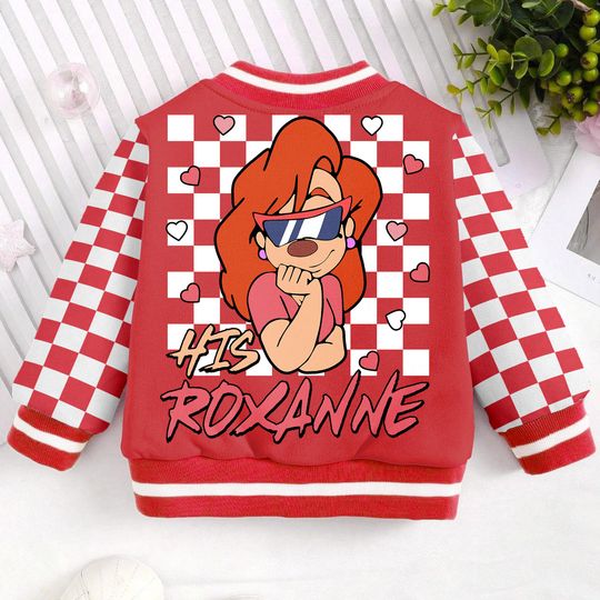 His Roxanne Checkered Board Goofy Movie Kids and Youth Baseball Jacket, Aldult Unisex Varsity Baseball Jacket