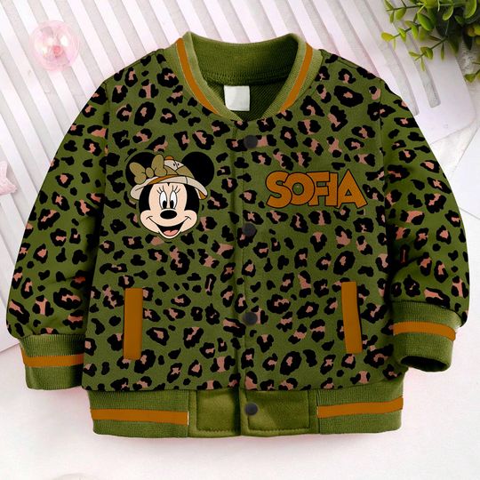 Custom Name Minnie Animal Kingdom Kids and Youth Baseball Jacket, Aldult Unisex Varsity Baseball Jacket