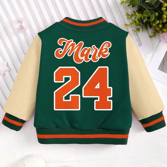 Custom Name And Number Green Natural Orange Kids and Youth Baseball Jacket, Aldult Unisex Varsity Baseball Jacket