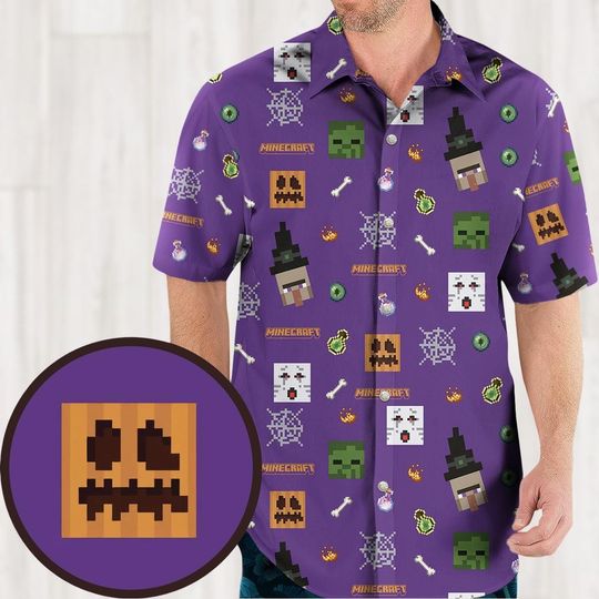 Minecraft Hawaii Shirt, Minecraft Game Button Up Shirt, Game Character Aloha Shirt Men, Funny Gaming Shirt, Gift For Gamer