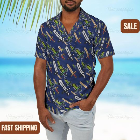 Mine Hawaiian Shirt Mens Button Up Gaming Shirt Gift Craft Swords Video Game Lover Gamer Gifts for son grandson Summer Shirt Outing Vacation