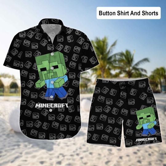Minecraft Movie Hawaiian Shirt, Gamer Vacation Shirt, Cartoon Pixel Craft Summer Beach Shirt, Gaming Gift, Video Game Button Shirt