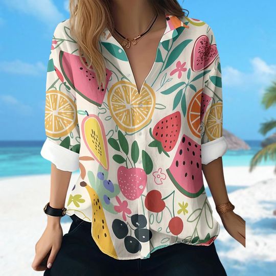 Cute Fruit Women Casual Shirt, Lemon Strawberry Watermelon Women Blouses Shirt, Cherry Mango Shirt For Women, Fruit Lover Shirt