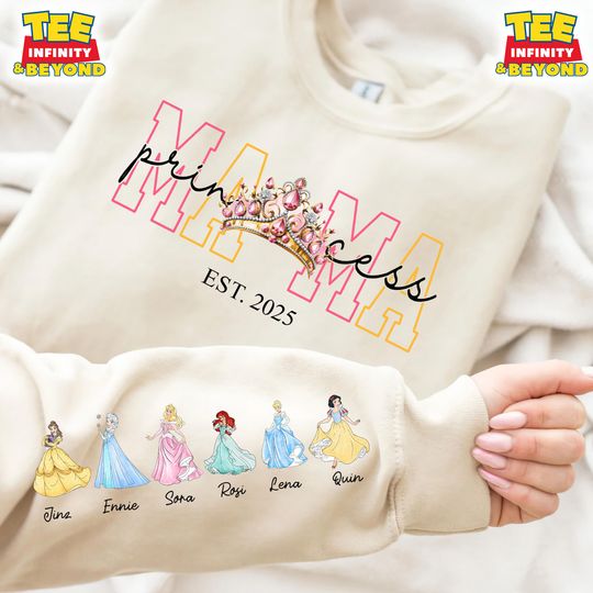 Custom Mama Princess Est with Kid Name on Sleeve Sweatshirt, Disney Mother Day Gift, Disney Crown Shirt, Elsa Aurora Snow White Cinde