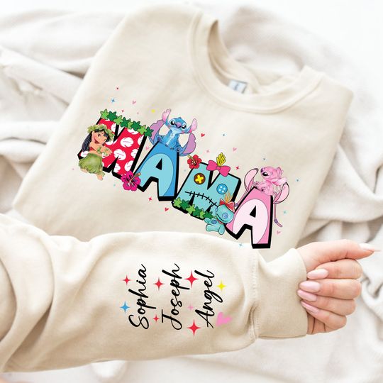 Custom Mama Est with Kid Name on Sleeve Sweatshirt, Mother's Day Sweatshirt Gift For Mom, Lilo and Stitch Mama Shirt, New Mother Shirt