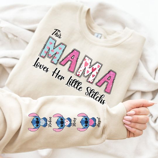 Personalized Mama Hoodie with Stitch Character and Child Name on the Sleeve, Custom Stitch Mama, Anniversary Gifts, Mothers Day Gift