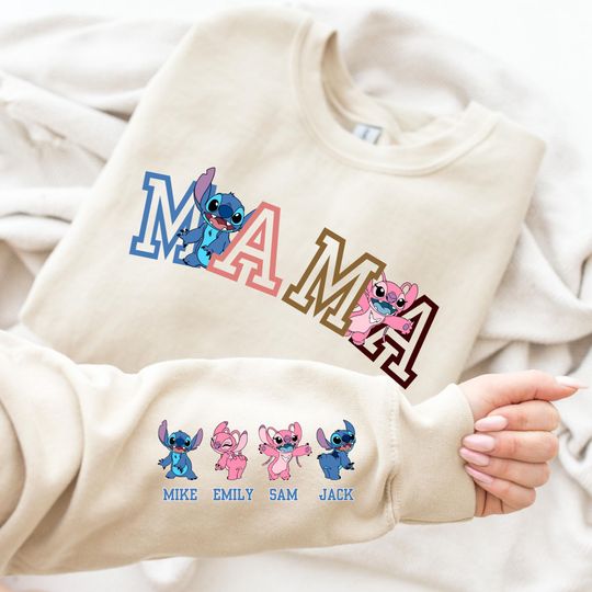 Lilo and Stitch Custom Mama Est with Kid Name on Sleeve Sweatshirt, Mother's Day Gift Sweatshirt, Personalized Mother's Day Gift, Disney Mom