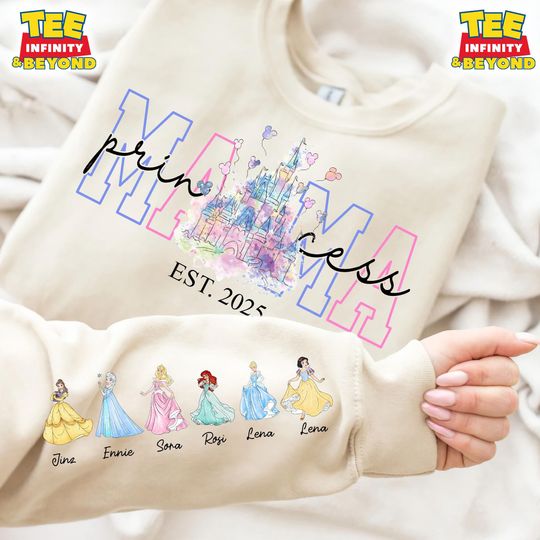 Custom Mama Princess Est with Kid Name on Sleeve Sweatshirt, Disney Mother Day Gift, Disney Castle Shirt, Elsa Aurora Snow White Cinde