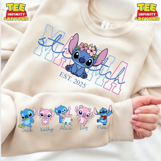 Custom Mama Est with Kids Name on Sleeve Sweatshirt, Disney Stitch Shirt, Mother's Day Sweatshirt Gift For Mom, Lilo and Stitch Sweatshirt