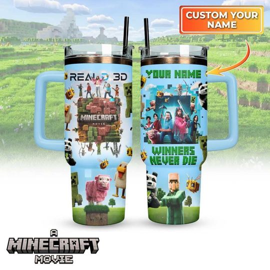 Minecraft Movie Tumbler 40 Oz, Custom Minecraft Gaming Stainless Steel Tumbler With Handle, Chicken Jockey Gift Idea, Tumbler Gift