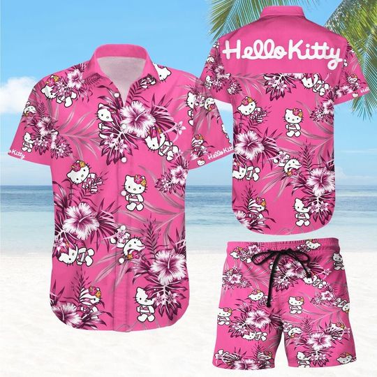 Hello Kitty Hawaiian Shirt, Kitty Cat Button Up Shirt, Hawaii Shirt Women, Kawaii Kitty Button Shirt, Cute Cat Shorts, Gift For Her