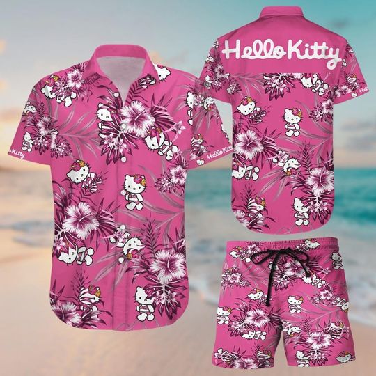 Hello Kitty Button Shirt, Beach Shorts, Cute Kitty Cat Hawaiian Shirt, Summer Vacation Shirt, My Melody Shirt, Summer Hawaii Shirt