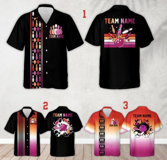 Personalized Name Lesbian Pride Bowling Hawaiian Shirt, Custom Color LGBTQ+ Bowling Button Up Shirt For Bowlers, Matching Bowling Team Shirt