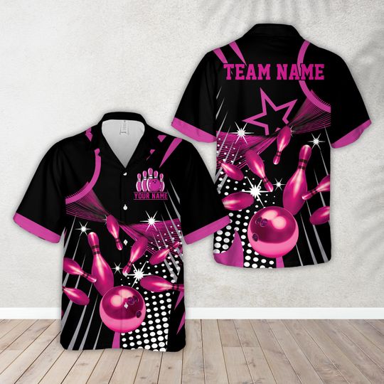 Personalized Name Starburst & Dot Pattern Bowling Hawaiian Shirt, Custom Color Bowling League Button Up Shirt, Bowling Team Shirt For Bowler