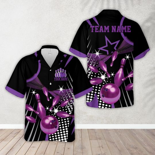 Personalized Name Starburst & Dot Pattern Bowling Hawaiian Shirt, Custom Color Bowling League Button Up Shirt, Bowling Team Shirt For Bowler