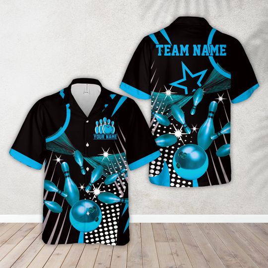 Personalized Name Starburst & Dot Pattern Bowling Hawaiian Shirt, Custom Color Bowling League Button Up Shirt, Bowling Team Shirt For Bowler