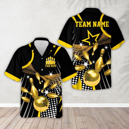 Personalized Name Starburst & Dot Pattern Bowling Hawaiian Shirt, Custom Color Bowling League Button Up Shirt, Bowling Team Shirt For Bowler