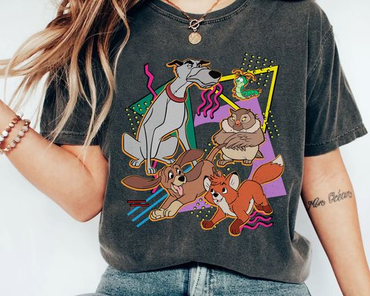 Disney Retro 90s Style Group Shot The Fox and the Hound Characters Squad Shirt, Vixey Copper Tod Tee, Disneyland Family Holiday Gift
