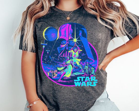 Retro Star Wars A New Hope Bright Classic Neon Graphic T-Shirt, Darth Vader Leia Han Solo Tee, Galaxy's Edge Hollywood Studios Family Gift