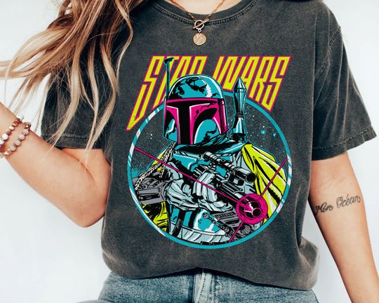Star Wars Boba Fett Neon Blaster Portrait Retro Shirt, Galaxy's Edge Holiday Trip Unisex T-shirt Family Birthday Gift Adult Kid Toddler Tee