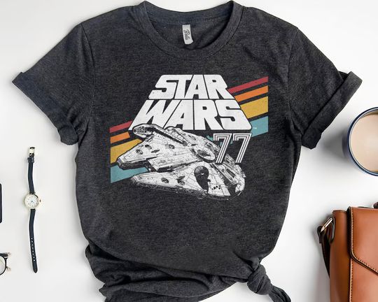 Millennium Falcon 1977 Retro Rainbow Stripe Shirt, Star Wars Han Solo Chewie Tee, Galaxy's Edge Hollywood Studios Trip Family Vacation Gift