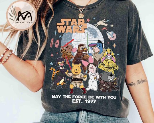 Vintage Disney Winnie the Pooh Star Wars Shirt, Galaxy's Edge May the Force be with you Est 1977, WDW Disneyland Family Birthday Trip Tees