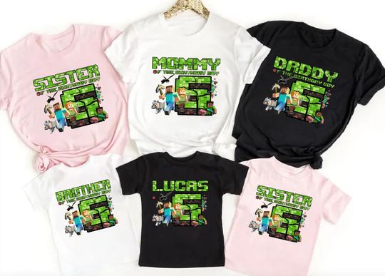 Custom Minecraft Family Birthday Shirts  Personalized Gamer Matching Tees  Mommy Daddy Brother Sister Minecraft-Inspired Outfits PSNC172.C
