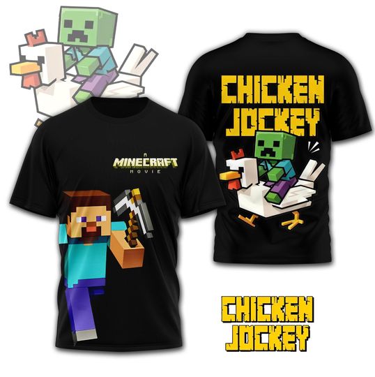 Trendy Chicken Jockey 3D Shirt, Minecraft Movie T-shirt, Minecraft Gaming Character Tee, Funny Riding Chicken Shirt, Gift For Gamers