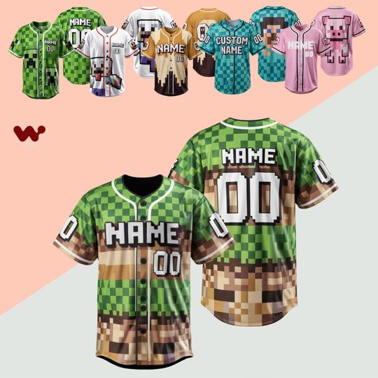 Personalized Minecraft Baseball Jersey, Pixel Characters Jersey, Game Characters Jersey, Funny Minecraft Family Matching Shirt