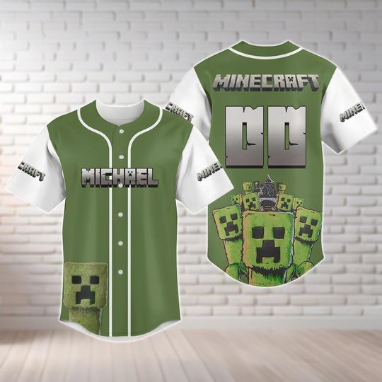Custom Minecraft Shirt, Minecraft Creeper Baseball Shirt, Minecraft Movie Baseball Jersey, Green Building Blocks Miner Video Game Shirt