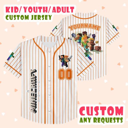 Customized Minecraf 2025 Movie Orange Stripe Baseball Jersey, Minecraft Game Movie 2025 Jersey, Custom Jersey Kids, Games Lovers 17425DNCJS3