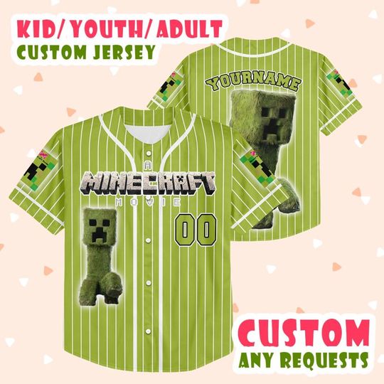 Customized Minecraf 2025 Movie Creeper Pixel Baseball Jersey, Minecraft Creeper 2025 Jersey, Custom Jersey Kids, Games Lovers 17425DNCJS6