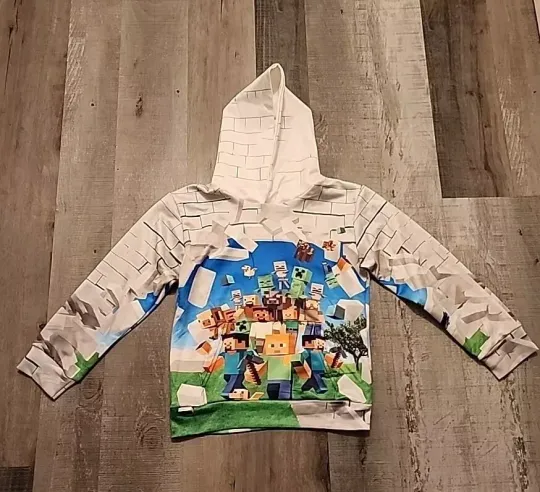 Minecraft Graphic All Over 3D Hoodie Boy's Size 6-7 Long Sleeves+Measurements