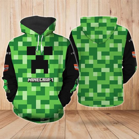 Minecraft Shirt, Green Building Blocks Miner Creeper Hoodie, Minecraft Movie Tee, Minecraft Cosplay Costume, Video Games Sweatshirt