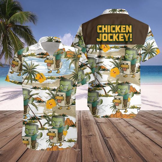 Chicken Jockey Hawaiian Shirt, Custom Tropical Aloha Shirt, Funny Shirt, Zombie Riding Chicken Tee, Hawaiian Shirt for Men Women Kids