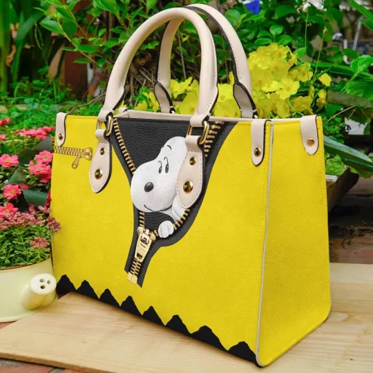 Personalized Snoppy Peanuts Leather Bag, Dog Lovers Women's Leather Bag Gift