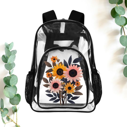 Retro Sunflower  17" Heavy Duty Clear Backpack, Cottagecore Floral Waterproof School Bookbag, Cute Transparent Bag For Concerts, Travel Gift