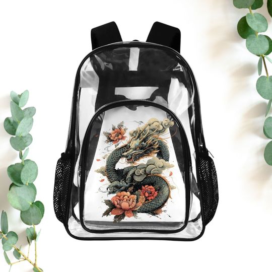 Retro Dragon Floral 17" Heavy Duty Clear Backpack, Cottagecore Dragon Waterproof School Bookbag, Transparent Bag For Concerts, Travel Gift
