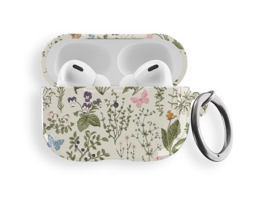 Vintage Wild Flower Print Airpods Case | Hard Cover For Original and Airpods Pro | Circle Keychain Ring Carabiner Included- On Sale!