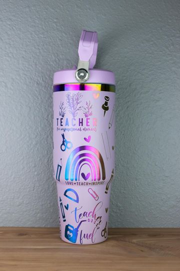 Teacher 30oz Flip Top Water Bottle with Handle | Teacher gift |  Laser Engraved | Rainbow Holographic Cup