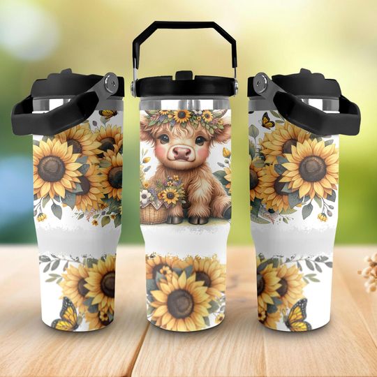 Discover Highland Cow 30oz Insulated Tumbler with Carry Handle, Cute Baby Cow Mug, Sunflower Floral Design, Cow Lover Gift