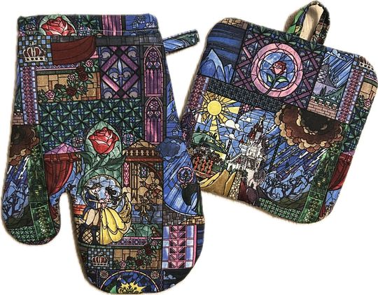 Beauty and the Beast Stained Glass Oven mitt and Pot-Holder