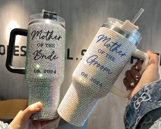 Personalized Mother of the Bride and Groom Rhinestone Tumbler 40oz, Custom Wedding Bling 40oz Cup with Lid and Straw, Wedding Party Gift