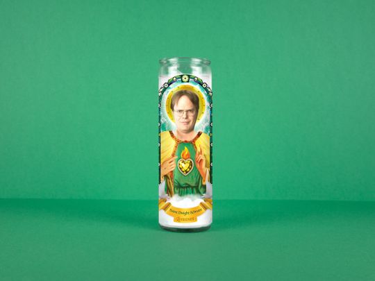 Saint Dw Schrute Celebrity Prayer Candle: Non Scented | 8 inch Glass Prayer Votive - 100% Handmade in USA | Funny Gift Idea