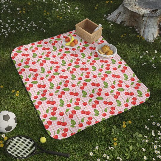 Cherry Plaid Picnic Blanket, Waterproof Bottom and Buckled Strap Included, Outdoor Mat for Summer Picnics, Camping and Beach Trips