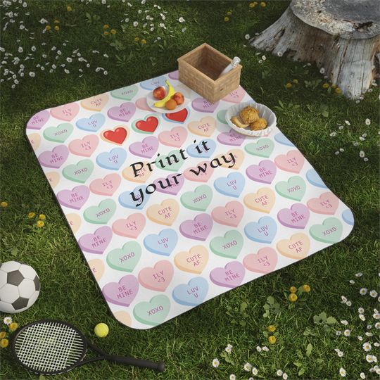 Water Resistant Personalized Valentines Day Heart Picnic Blanket, Custom Stadium Blanket Gift, Outdoor Camping; Beach Mat, Carrying Strap