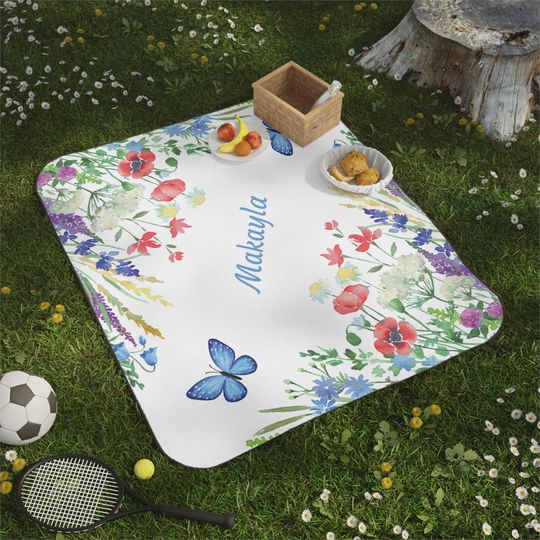 Personalized White Picnic Blanket with Wildflowers and Blue Butterflies, Water-Resistant Floral Picnic Blanket, 51 x 61 In, Outdoor Gift