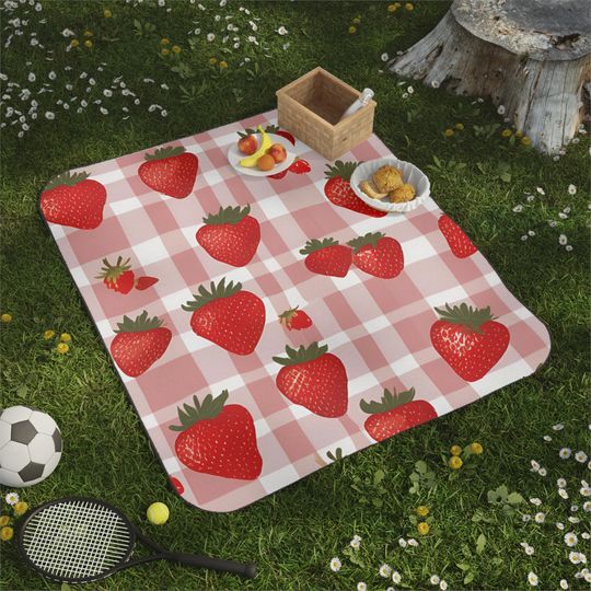 Strawberry Picnic Blanket Cute Gingham Outdoor Blanket forSummer Waterproof Foldable Blanket for Park, Beach, Camping, Cozy Outdoor Blanket