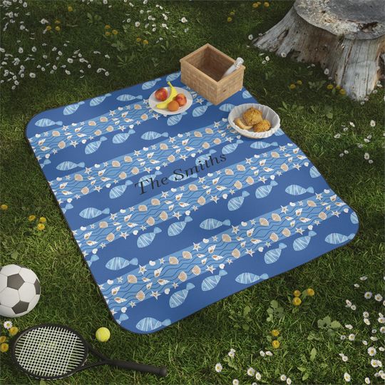 Personalized Whimsical Fish Picnic Blanket, Water-Resistant Blue Outdoor Blanket, Beach Mat, Camping Blanket, Fish Print Throw, Outdoor Gift